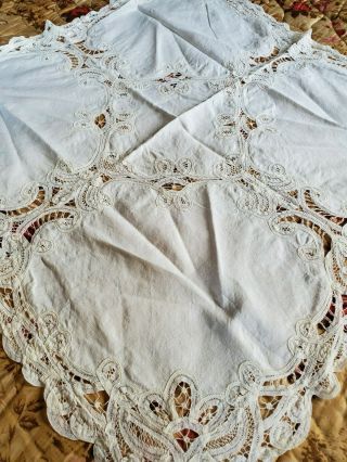 Vintage Hand Battenburg Lace Linen Tablecloth Table Topper 32x34