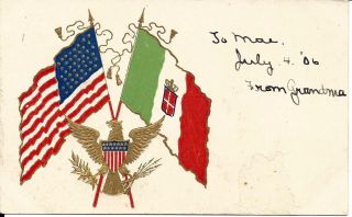 Rare 1906 Usa & Italy Flags Coat Of Arms Embossed Post Card