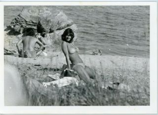 Woman Sunbathing In Bathing Suit Bikini At Beach Vintage Color Snapshot Photo
