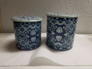 2 Vintage Delft Flow Blue/white Nesting Tin Canisters Made In Holland