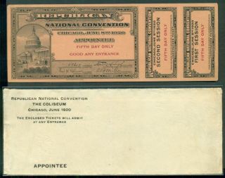 1920 Republican National Convention Ticket W/coupons & Mailing Envelope Chicago