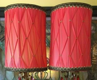 Pair Vintage Red Drum Shades Mid Century Hollywood Regency