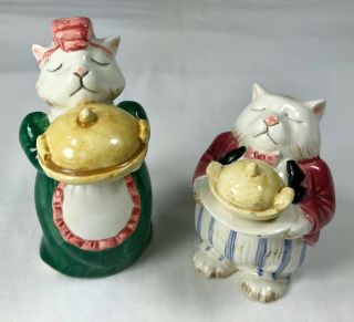 Vintage Fitz Floyd Salt & Pepper Shaker Set 2 Kitty Cats Serving Dinner