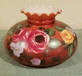 Vintage Glass Lamp Shade Hand Painted Roses Gwtw Student Oil Kerosene 10 " Fitter