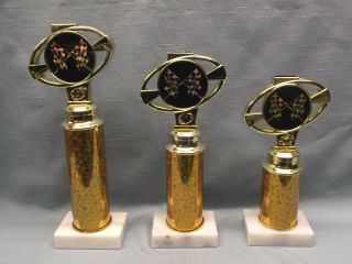 Racing Trophy Set Of 3 Gold Columns White Marble Base Checkered Flag Award