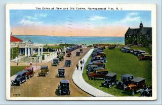 Narragansett Pier,  Ri - Rare Street Scene - & Old Casino Old Cars Postcard