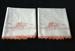 Vintage Embroidered Cross Stitch Peach Flowers Pillowcases Pair Set With Trim
