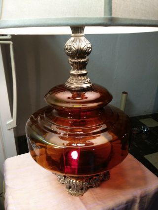 Vtg Mid Century Amber Glass And Brass Table Lamp 2 - Light 3 - Way Ufo Lamp
