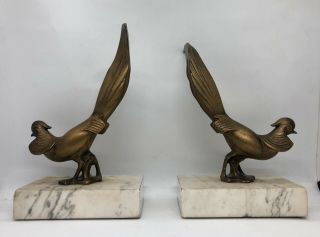 Art Deco Brass Pheasant Bookends Marble Base