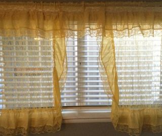 Vintage Yellow Curtains 2 Fabric & Lace 33x43x28 Each Panel Retro