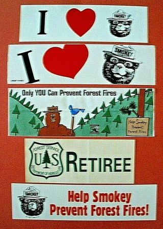 5 Vintage Smokey Bear Bumper Stickers " I Love Smokey " Forest Service Retiree