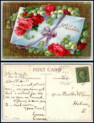1909 Postcard " Kindest Regards " Red & Pink Roses / Flowers H4