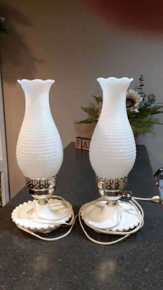 Vintage White Milk Glass Hobnail Chimney Electric Hurricane Table Lamps14 " Tall
