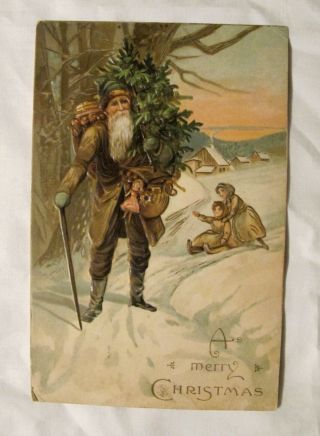 1910 Brown Robe Santa A Merry Christmas - German Embossed Color Postcard