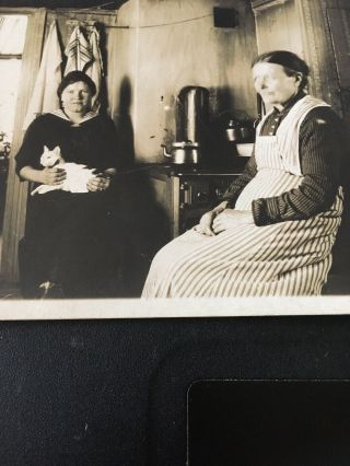 Antique Photo Postcard RPPC - Kitchen,  2 Ladies 1 Cat,  Xmas tree in background 2