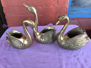 Set Of 3 Vintage Solid Brass Swan Planter Vases - Duck Bird Water Fowl Geese
