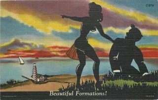 1940s Sexy Pin Up Silhouette Lighthouse Postcard Linen Teich 12770
