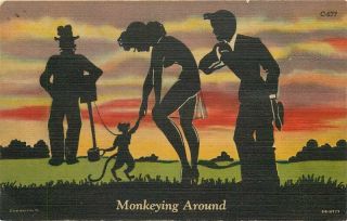 1953 Sexy Pin Up Silhouette Monkey Postcard Teich Linen 13352