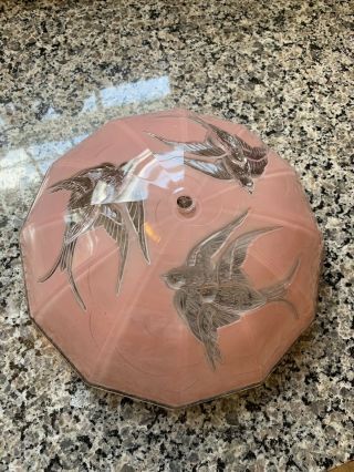 Vintage Art Deco Ceiling Light Fixture Glass Shade Pink 11” Wide