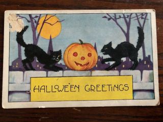 Vintage Whitney Halloween Greetings Postcard Black Cats Pumpkin 3d