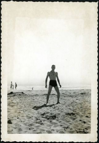 Tall Lean Shirtless Muscle Sailor Man In Swimsuit On Beach Vintage Gay Int Photo