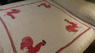 Vintage Cotton California Hand Prints Tablecloth Red Rooster,  Polka Dots