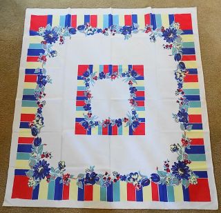 Vintage Cotton Tablecloth Floral 50 X 47 1/2 Red Blue Yellow Green