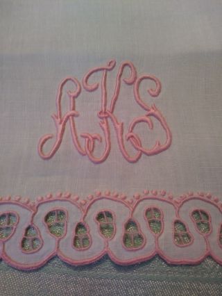 Gorgeous Madeira Pink Embroidery on Crisp White Linen Hand Towel 18 x 13 
