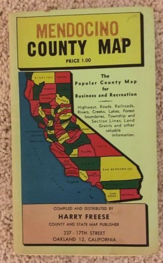 Harry Freese Pocket Map Of Mendocino County - Ca - Vintage - Rare