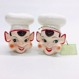 Vintage Mid Century 1960s Kitchen Pixie Elf Chef Cooks Shaker Set Japan With Tag