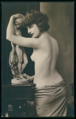 French Nude Woman With Statue C1910 - 1920s Photo Postcard Pc Paris 2102