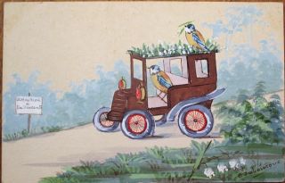 Hand Drawn/painted,  Art/artist - Signed 1905 Postcard: Birds In Car/auto