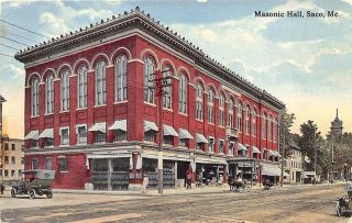 Saco Me Street View Horse & Wagon Cars Masonic Hall Building Postcard
