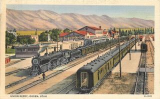 1930s Union Depot Train Ogden Utah Southern Pacific Teich Linen Postcard 9306