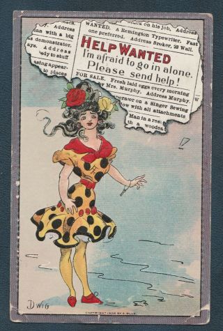 Help Wanted Lady Polka Dot Dress Comic Artist Signed Dwig Vintage Postcard