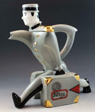Swineside Teapottery English Ceramic Figural Teapot Bellhop W/ Bags Gray