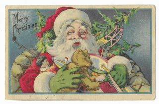 Vintage Postcard " Merry Christmas " Santa With Toys,  Posted 1922