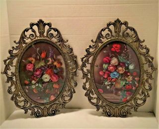Set Of 2 Vtg Homco Floral Pictures Oval Convex Bubble Glass Home Interior 13x10