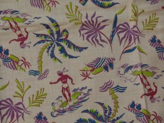 Vintage Feedsack Fabric,  Tropical Palm Trees,  Surfers,  Purple,  Lime Green,  Blue