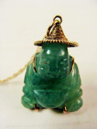 Jade And 14k Gold Unusual Budda With Gold Wrap On A 14k Gold Chain