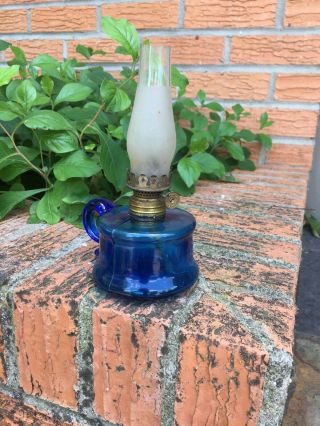Rare Antique Blue " Little Butter Cup " Miniature Glass Finger Oil Lamp 1870 
