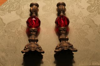Vintage 8 " Tall Brass Ruby Red Glass Ornate Candlesticks Candle Holders
