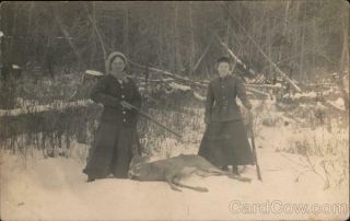 Rppc Two Women Hunting In Winter,  Guns,  Dead Deer Real Photo Post Card Vintage