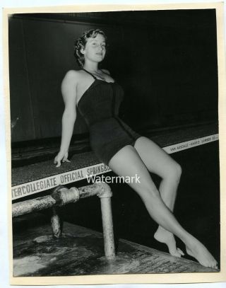 1950s Vintage Photo Lady In Swimsuit Swimming Pool Leggy Diving Board