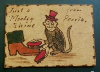 Just A Monkey Shine - Monkey With Hat/boot - Peoria - Antique 1905 Leather Postcard