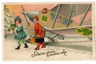 Airplane Plane Children Pilot Good Luck Clover Artist Signed Style Postcard