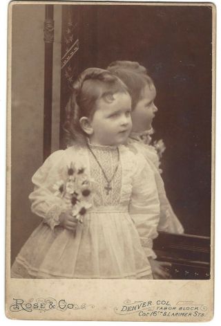 Cabinet Card Photo Adorable Little Girl Christening? Dress Flowers Cross Denver