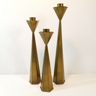 Mcm Geometric Brass Plated Candlesticks Set 3 Candle Holders Vintage