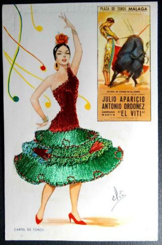 Postcard Embroidered Dress - Cartel De Toros Artist Signed Elsi Madrid Spain
