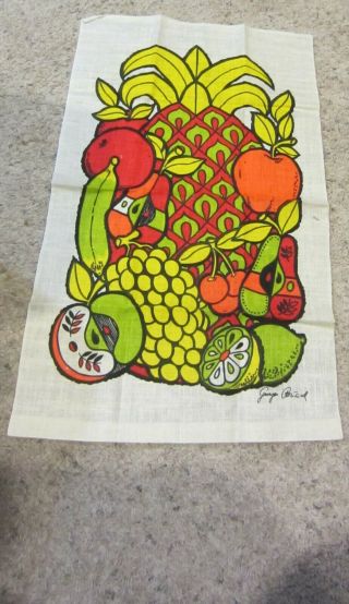 Vintage Georges Briard Linen Tea Towel - Mid Century Modern Fruit Bowl